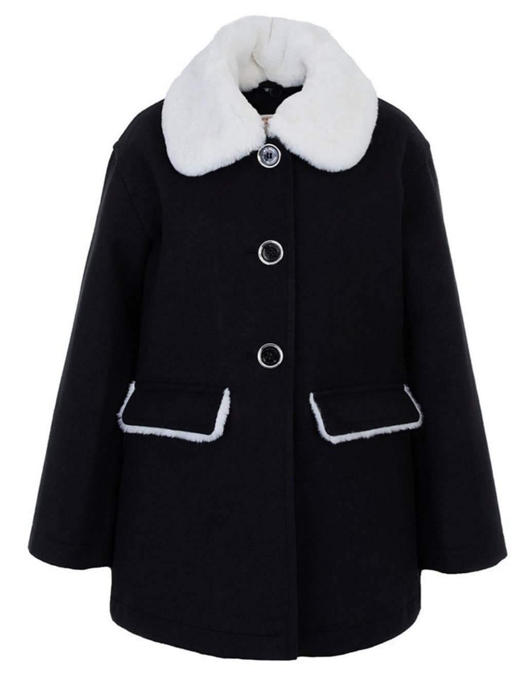 Michael Kors Black Pea Coat with White Faux-Fur Collar